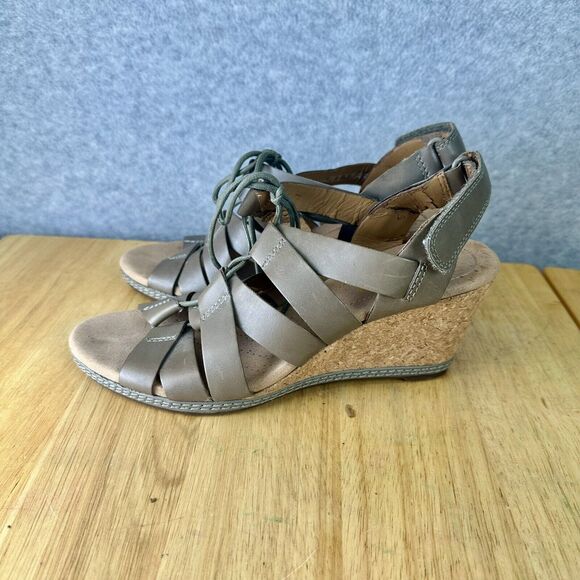 CLARKS Cushion Helio Mindin Lace Cork Taupe Wedge Sandal Womens Size 8 M Heels - Picture 4 of 10